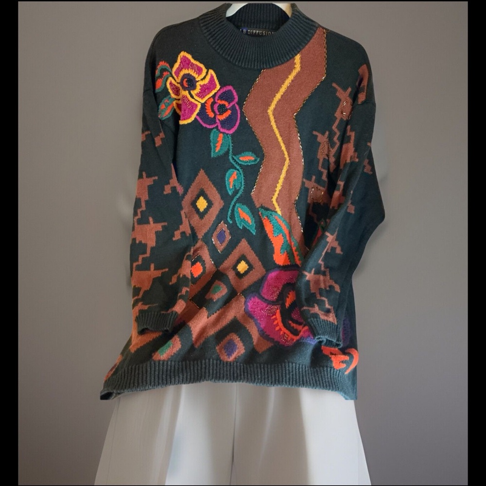 Vtg 80’s Women’s I.B.Diffusion Beaded Southwestern Boho Geometric Sweater Sz Med